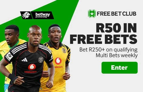 Betway Free Bet Club promotional banner: R50 in free bets when you bet R250 or more on qualifying multi bets weekly